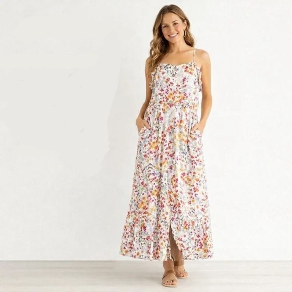 J. Jill Summer Garden Floral Ruffle Blouson Button Front Maxi Sundress SZ SP